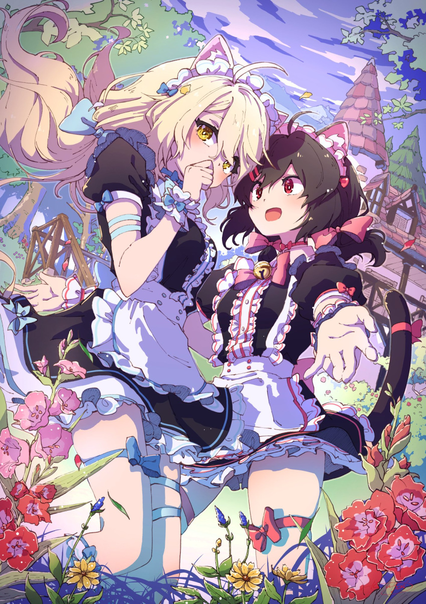 2girls :d animal_ears apron arm_strap bell black_hair blonde_hair blue_bow blush bow cat_ears cat_tail choker dress eyebrows_behind_hair fantasy flower frilled_apron frilled_dress frilled_skirt frilled_sleeves frills hair_between_eyes hair_bow hand_on_own_face happy highres imminent_hug kagawa_yuusaku long_hair looking_at_another looking_away maid maid_apron maid_headdress medium_hair multiple_girls open_mouth original outdoors outstretched_arm red_bow red_eyes ribbon short_sleeves sidelocks skirt smile tail thigh_ribbon thigh_strap thighs twintails yellow_eyes yuri