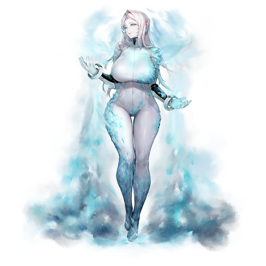 1girl aqua_eyes bodysuit braid breasts frost full_body hair_intakes highres huge_breasts ice jam_(nandade) last_origin long_hair looking_at_viewer mnemosyne_(last_origin) official_art single_braid solo tachi-e thigh_gap transparent_background white_hair wide_hips