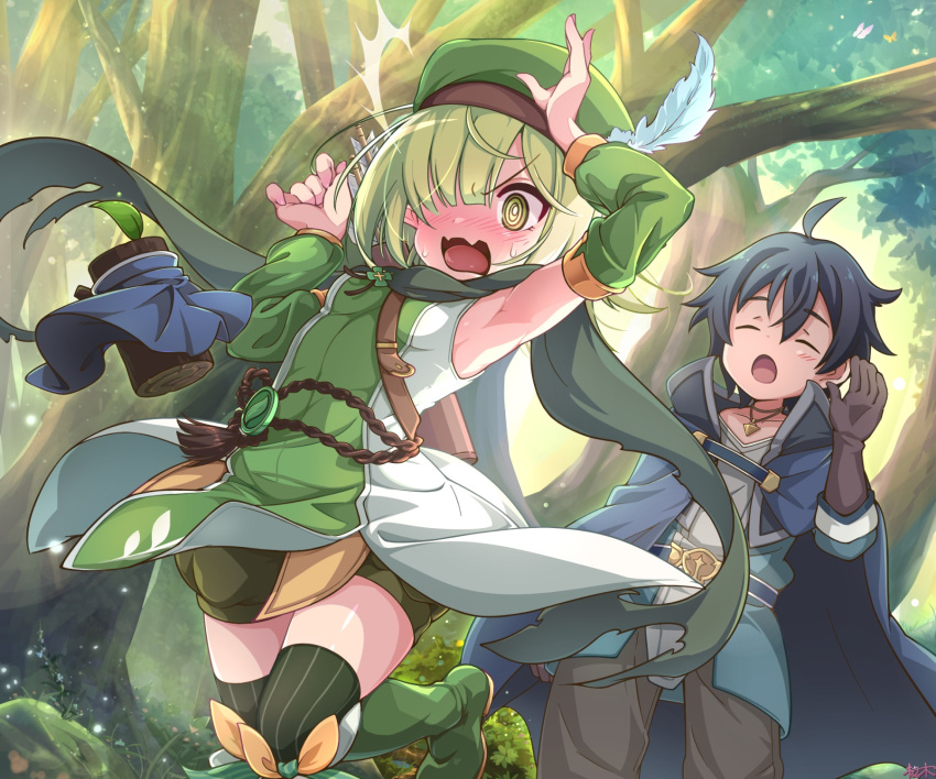 1boy 1girl @_@ ahoge antenna_hair aoi_(princess_connect!) armpits arrow_(projectile) bangs belt beret blunt_bangs blush boots bow breasts cloak clover commentary_request detached_sleeves eyebrows_visible_through_hair feathers forest four-leaf_clover green_eyes green_footwear green_hair green_headwear green_legwear green_scarf green_shorts green_skirt hair_over_one_eye hat highres knee_boots log looking_to_the_side nature one_eye_covered open_mouth princess_connect! quiver sakuragi_yuuki scarf short_hair shorts skirt small_breasts striped striped_legwear surprised sweatdrop thigh-highs thighs tree vertical-striped_legwear vertical_stripes wavy_mouth yellow_bow yuuki_(princess_connect!)