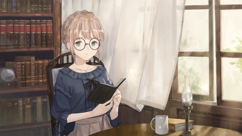 1girl aspen_(please_be_happy) blonde_hair blouse book bookshelf bow collarbone cup curtains earrings glasses green_eyes highres jewelry kobuta lamp looking_at_viewer mug necklace official_art open_book please_be_happy solo table window