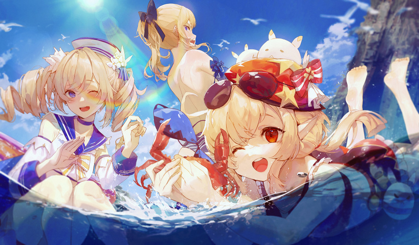 3girls ;d ass barbara_pegg bare_shoulders barefoot beach bikini bikini_top_removed blonde_hair blue_bikini blue_eyes blue_sky bow bowtie crab day feet frilled_bikini frills genshin_impact hair_bow hat highres jean_gunnhildr klee_(genshin_impact) kuroduki_(pieat) long_sleeves looking_back lying multiple_girls ocean on_stomach one-piece_swimsuit one_eye_closed open_mouth partially_submerged pointy_ears ponytail rainbow red_bikini red_eyes red_headwear sailor_hat short_twintails siblings sisters sitting sky smile soles standing sunlight swimsuit toes topless twintails watermark