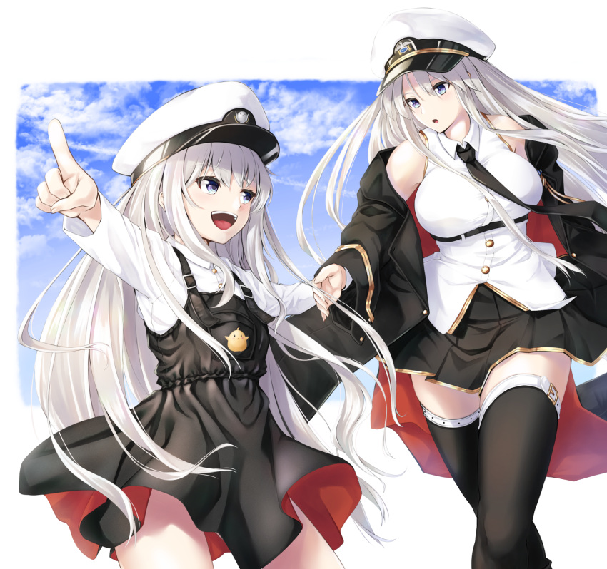 2girls :d :o azur_lane bangs bare_shoulders belt black_belt black_coat black_legwear black_neckwear black_skirt blue_eyes blue_sky blush breasts character_print clouds coat collared_shirt commentary cowboy_shot day enchuu_kakiemon enterprise_(azur_lane) eyebrows_visible_through_hair gold_trim hair_between_eyes hat highres holding_hands large_breasts little_enterprise_(azur_lane) long_hair long_sleeves looking_at_another manjuu_(azur_lane) military_hat miniskirt multiple_girls necktie off_shoulder open_clothes open_coat open_mouth overall_skirt peaked_cap pleated_skirt pointing shirt sidelocks silver_hair skirt sky sleeveless sleeveless_shirt smile standing taut_clothes taut_shirt thigh-highs underbust upper_teeth very_long_hair violet_eyes walking white_headwear white_shirt zettai_ryouiki