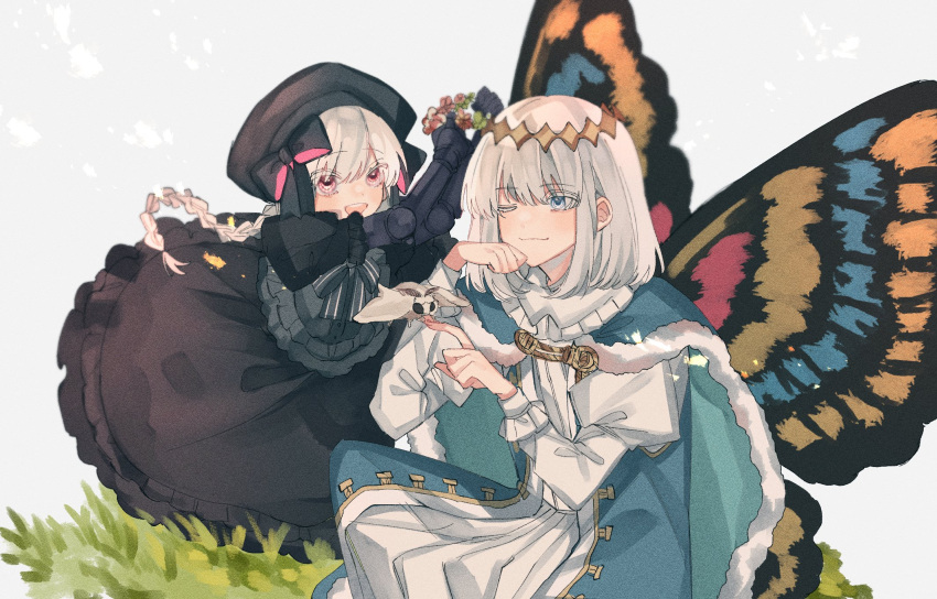 1boy 1girl black_dress black_headwear black_ribbon blue_eyes braid bug butterfly_wings cape doll_joints dress eyebrows_visible_through_hair fate/grand_order fate_(series) frills fur-trimmed_cape fur_trim hair_between_eyes hair_ornament hat highres hirase_nariko insect insect_on_finger joints long_sleeves moth nursery_rhyme_(fate) one_eye_closed open_mouth puffy_sleeves ribbon short_hair simple_background smile violet_eyes white_hair wings