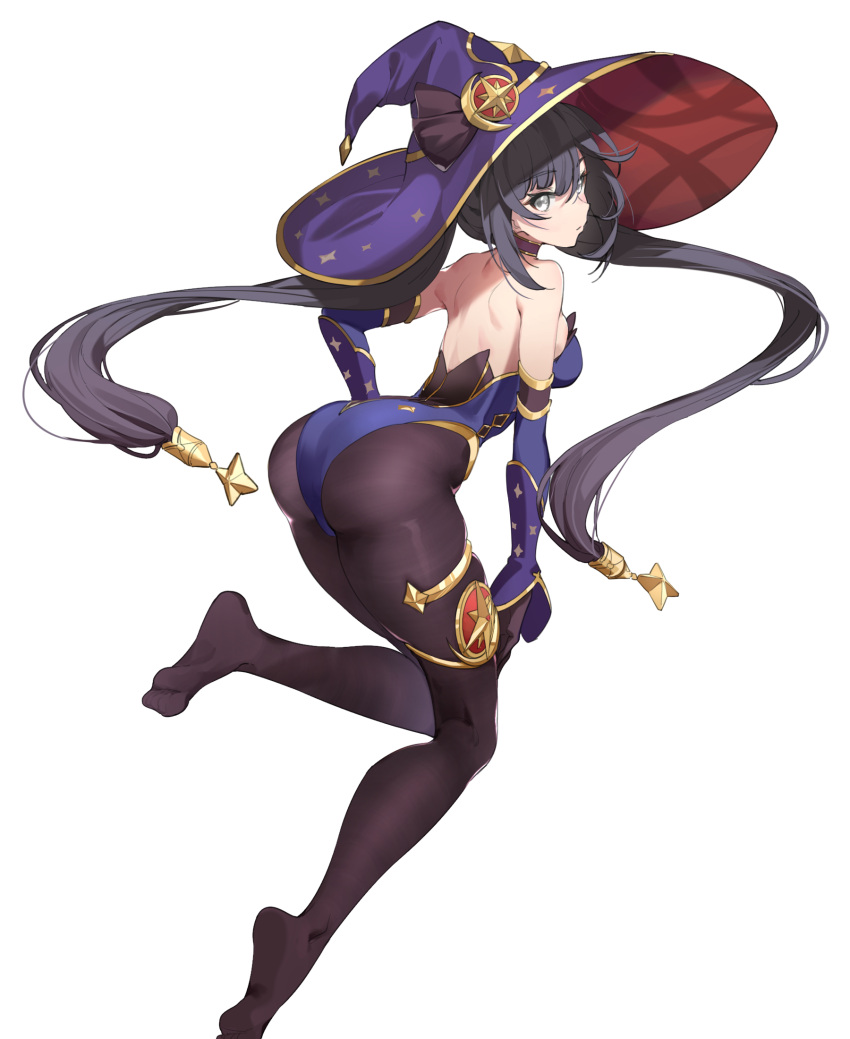 1girl ass backless_outfit bangs black_hair bodystocking breasts choker deatheach elbow_gloves genshin_impact gloves green_eyes hair_ornament hat highres leotard long_hair looking_at_viewer medium_breasts mona_megistus purple_leotard simple_background solo star_(symbol) star_hair_ornament twintails white_background witch_hat