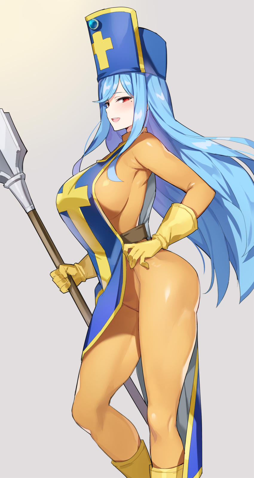 1girl absurdres bangs belt blue_hair blush bodysuit breasts dragon_quest dragon_quest_iii gloves highres large_breasts long_hair looking_at_viewer mitre mole mole_under_eye open_mouth priest_(dq3) red_eyes serin199 sideboob simple_background smile solo staff tabard yellow_bodysuit yellow_gloves