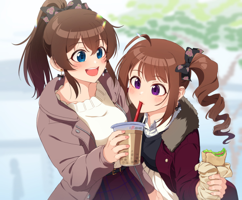 2girls ahoge belt black_belt black_ribbon black_sweater blurry blurry_background brown_hair bubble_tea closed_mouth coat commentary cup day disposable_cup dress_shirt drill_hair drinking earrings eyebrows_visible_through_hair food fur-trimmed_coat fur_trim grey_coat hair_ribbon high-waist_skirt holding holding_food idolmaster idolmaster_million_live! jewelry kamille_(vcx68) leaning_forward long_sleeves looking_at_another medium_hair multiple_girls open_clothes open_coat open_mouth outdoors pleated_skirt ponytail red_coat red_skirt ribbon satake_minako sharing_food shirt side_drill side_ponytail skirt smile standing sweater violet_eyes white_shirt white_skirt white_sweater wing_collar yokoyama_nao