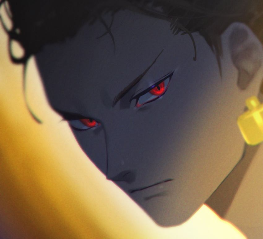 1boy blonde_hair close-up dark earrings fate/stay_night fate_(series) frown gilgamesh_(fate) glowing glowing_eyes hair_up highres jewelry male_focus mosako red_eyes serious slit_pupils solo static