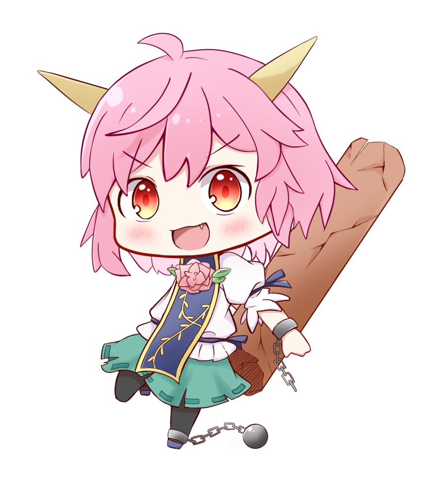 1girl :d ball_and_chain_restraint bangs black_legwear chain chibi chinese_clothes cuffs eyebrows_visible_through_hair fang flower full_body green_skirt highres horns ibaraki_douji's_arm ibaraki_kasen karuthi leaf looking_at_viewer open_mouth pink_flower pink_hair pink_rose puffy_short_sleeves puffy_sleeves red_eyes ribbon-trimmed_skirt ribbon_trim rose shackles short_hair short_sleeves simple_background skirt smile solo standing standing_on_one_leg tabard touhou v-shaped_eyebrows white_background