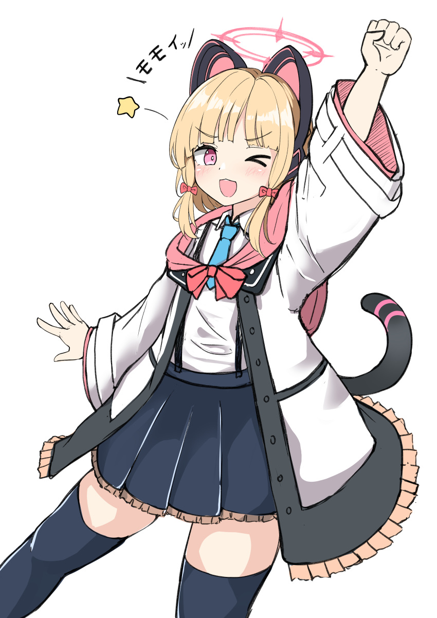 &gt;_o 1girl ;d absurdres animal_ears arm_up black_legwear black_skirt blonde_hair blue_archive blue_neckwear blush bow cat_ear_headphones cat_ears cat_tail clenched_hand collared_shirt fake_animal_ears frilled_jacket frilled_skirt frills hair_bow halo headphones highres jacket long_sleeves momoi_(blue_archive) moyoron necktie off_shoulder one_eye_closed open_clothes open_jacket open_mouth pink_eyes pleated_skirt red_bow shirt short_necktie sidelocks simple_background skirt smile solo star_(symbol) tail thigh-highs translation_request twintails white_background white_jacket white_shirt wide_sleeves
