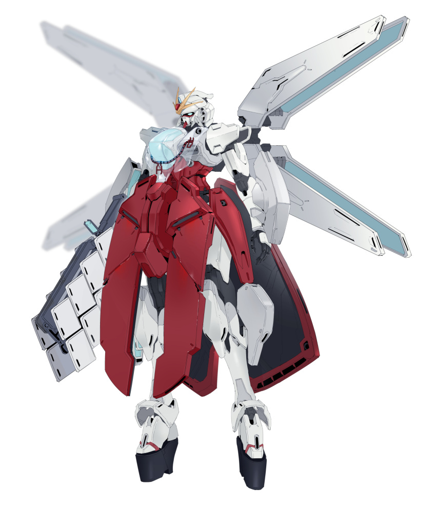 after_war_gundam_x blue_eyes gun gundam gundam_double_x highres holding holding_gun holding_weapon japanese_clothes mecha miko mobile_suit no_humans open_hand redesign science_fiction solo standing v-fin weapon white_background zhu_fun