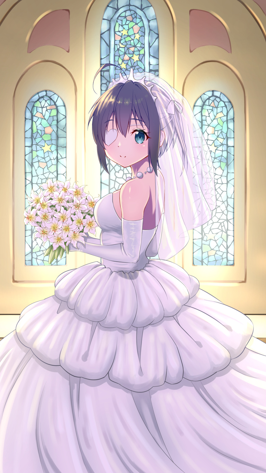 1girl absurdres alternate_costume bangs bare_shoulders black_hair bouquet breasts bridal_veil bride church chuunibyou_demo_koi_ga_shitai! closed_mouth commentary_request dress elbow_gloves eyepatch flower gloves heart heart_eyepatch highres indoors long_dress looking_at_viewer shikkoku_no_hono_mikado short_hair smile solo strapless strapless_dress takanashi_rikka veil wedding wedding_dress white_dress white_flower white_gloves