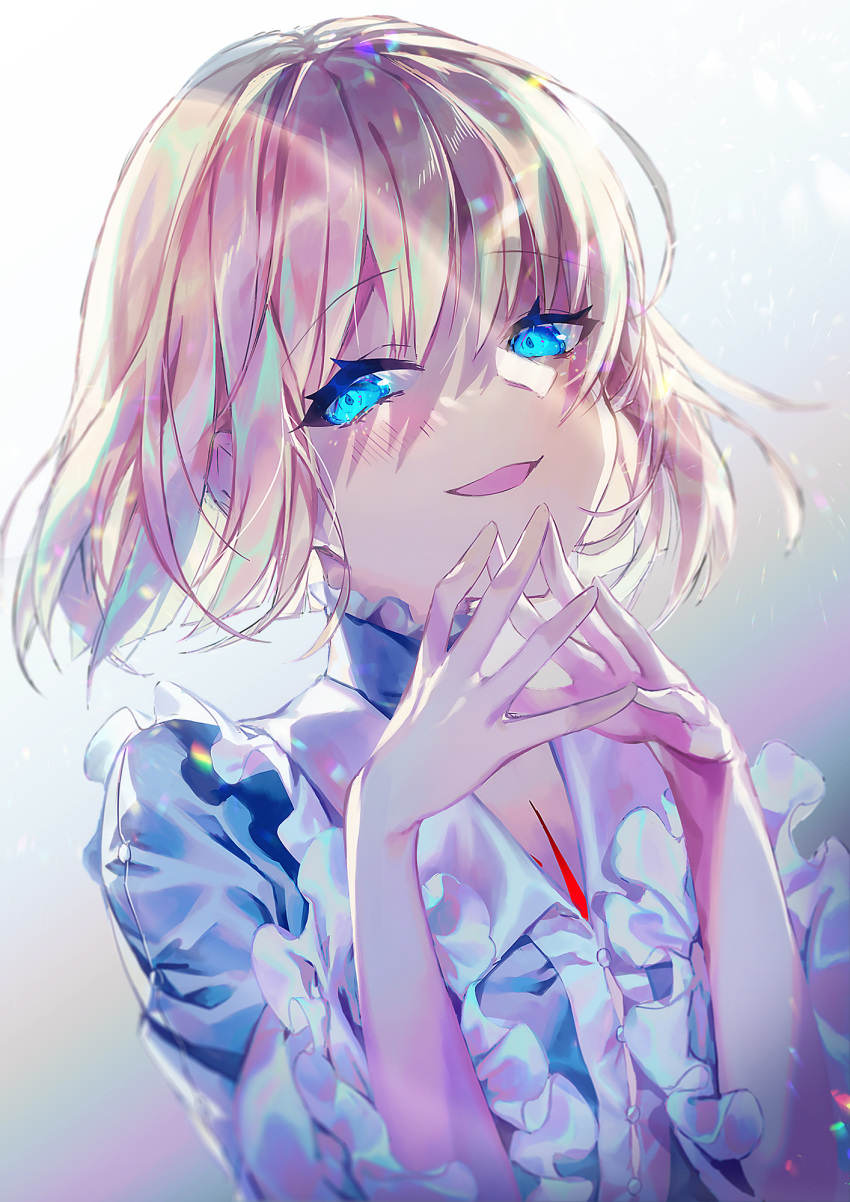 1girl bangs blonde_hair blue_eyes blue_shirt blush body_markings breasts emoillu fate/prototype fate_(series) fingers_together frills highres long_sleeves looking_at_viewer open_mouth sajou_manaka shirt small_breasts smile solo