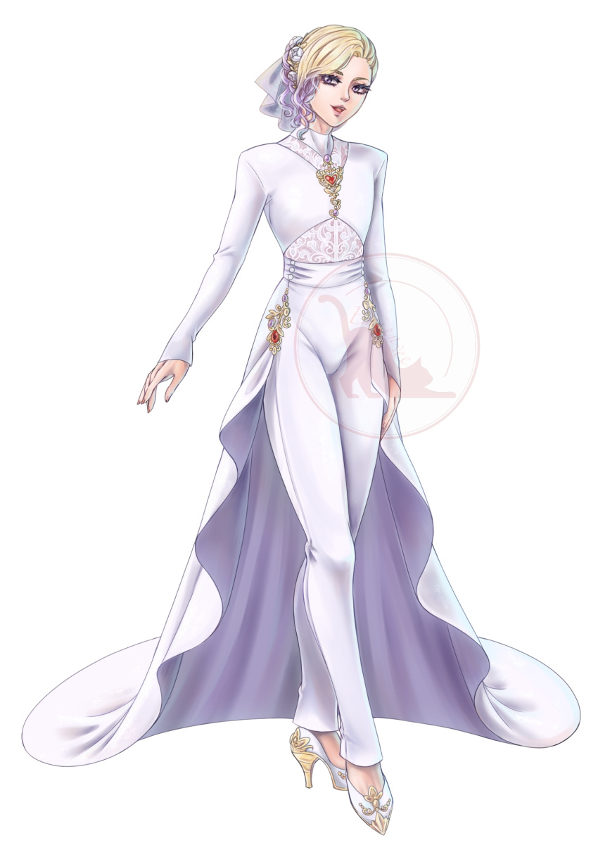 1boy blonde_hair bridal_veil crossdressinging dress emienvee2811 eyelashes full_body gold_trim hair_bun hair_ornament high_heels highres jewelry male_focus multicolored_hair ornament purple_hair solo twisted_wonderland two-tone_hair veil vil_schoenheit violet_eyes wedding white_dress