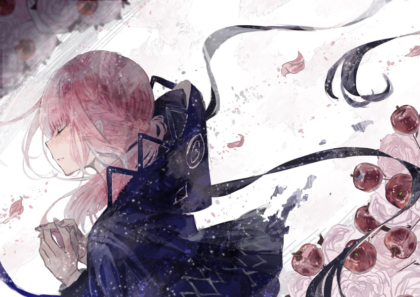 1girl capelet closed_eyes flower highres hood hood_down hooded_capelet interlocked_fingers kaf kamitsubaki_studio own_hands_together parted_lips petals pink_hair ripples rose side_ponytail solo supika upper_body virtual_youtuber