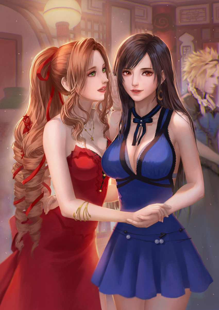 1boy 2girls absurdres aerith_gainsborough blonde_hair blue_dress breasts cloud_strife dress drill_hair earrings final_fantasy final_fantasy_vii final_fantasy_vii_remake green_eyes hair_ribbon hand_on_another's_back highres holding_hands jewelry large_breasts long_hair medium_breasts multiple_girls open_mouth parted_lips ponytail red_dress red_eyes red_ribbon ribbon teeth tifa_lockhart yongning