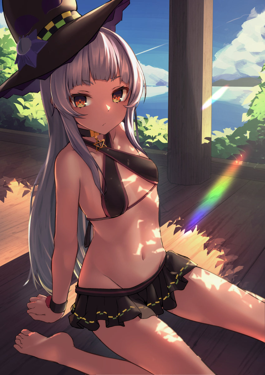 1girl absurdres bare_legs barefoot bikini bikini_skirt black_bikini black_choker black_headwear blue_sky breasts choker closed_mouth clouds cloudy_sky commentary criss-cross_halter dappled_sunlight day expressionless eyebrows_visible_through_hair frilled_bikini frills full_body groin halterneck hat highres hololive inaba_teitoku light_rays long_hair looking_at_viewer murasaki_shion navel ocean official_alternate_costume orange_eyes outdoors rainbow seaside silver_hair sitting sky small_breasts solo star_(symbol) star_choker stomach straight_hair sunlight swimsuit thighs virtual_youtuber wariza witch_hat wooden_floor wristband