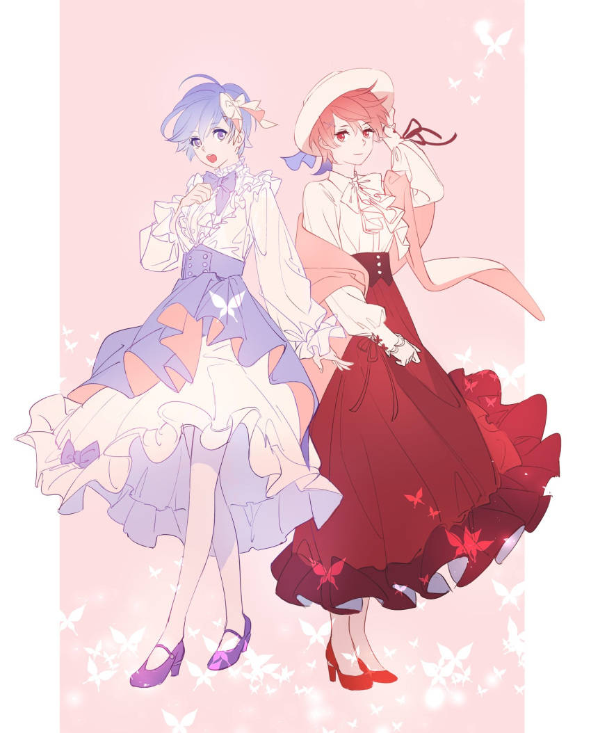 2girls alternate_costume blue_eyes blue_hair boater_hat bow butterfly_background commentary dress fndlwm_re frilled_dress frills full_body hair_bow hand_on_own_chest high_heels highres korean_commentary long_sleeves looking_at_viewer multiple_girls open_mouth pumps ram_(re:zero) re:zero_kara_hajimeru_isekai_seikatsu red_eyes redhead rem_(re:zero) short_hair siblings sisters smile teeth twins upper_teeth_only