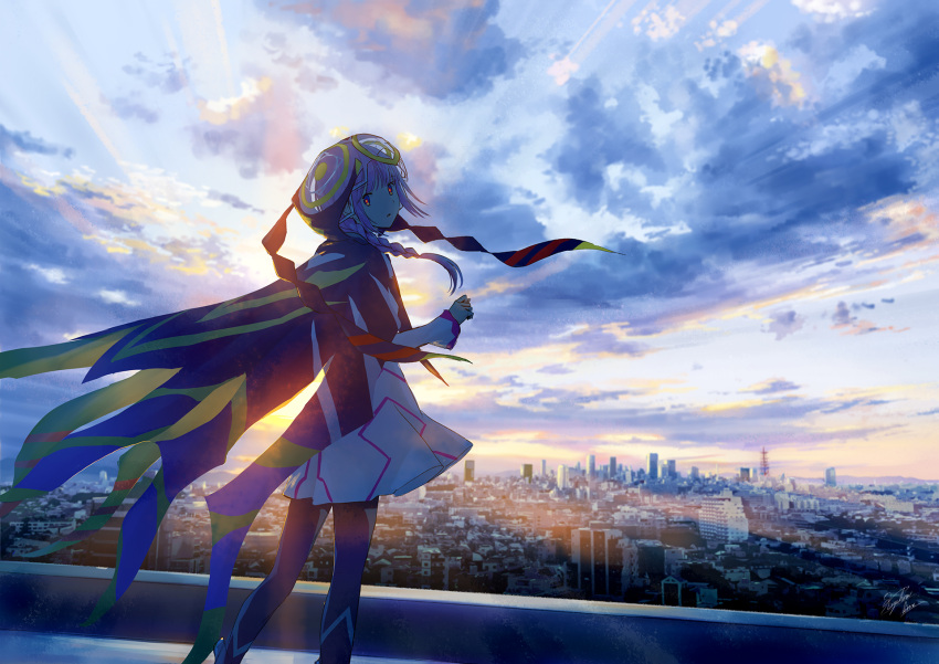 1girl braid capelet cityscape clouds dress feet_out_of_frame highres hood hood_up hooded_capelet kaf kamitsubaki_studio kazuharu_kina long_hair long_sleeves looking_at_viewer looking_back multicolored multicolored_eyes parted_lips photo_background pink_hair see-through side_braid single_braid sky solo sunrise virtual_youtuber