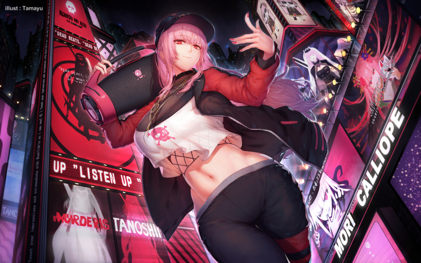 1girl absurdres artist_name black_pants boombox breasts building from_below highres hololive hololive_english jacket jewelry large_breasts long_hair midriff mori_calliope nail_polish navel necklace night pants pink_hair red_eyes skull_and_crossbones skyscraper solo tama_yu thigh_gap virtual_youtuber