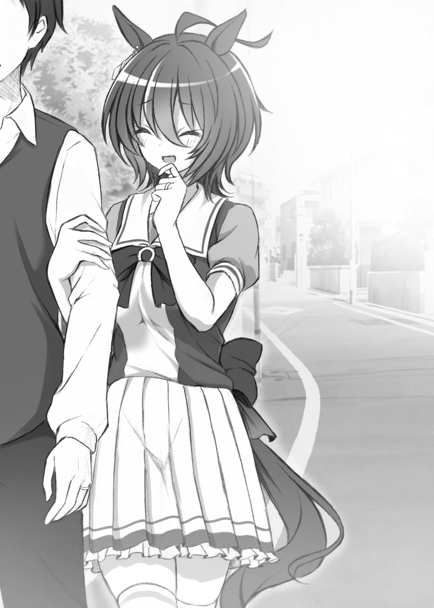 :d absurdres agnes_tachyon_(umamusume) ahoge animal_ears arm_grab blush closed_mouth commentary_request couple greyscale hetero highres horse_ears horse_girl horse_tail husband_and_wife jewelry monochrome open_mouth pleated_skirt ring road ryochapu school_uniform short_hair skirt smile solo_focus street tail thigh-highs tracen_school_uniform umamusume vest wedding_band zettai_ryouiki
