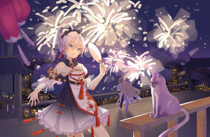 3girls 94303980 absurdres back bangs bare_shoulders bianka_durandal_ataegina blue_eyes cat china_dress chinese_clothes chinese_new_year city city_lights cityscape dress fan fireworks hair_between_eyes happy_new_year highres holding honkai_(series) honkai_impact_3rd lantern long_hair looking_at_viewer multiple_girls new_year night night_sky outdoors rita_rossweisse sky theresa_apocalypse theresa_apocalypse_(starlit_astrologos) zhuge_kongming_(honkai_impact)