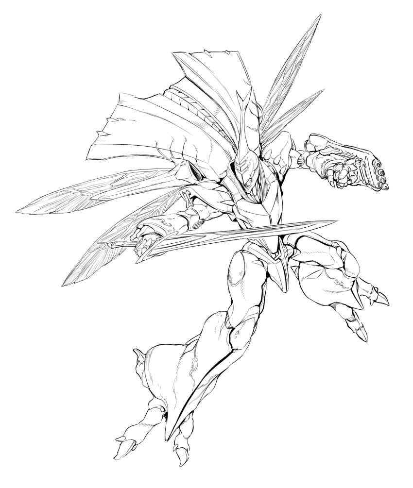 arm_cannon clenched_hand dunbine greyscale highres holding holding_sword holding_weapon insect_wings ishiyumi lineart mecha monochrome no_humans seisenshi_dunbine solo sword weapon white_background wings