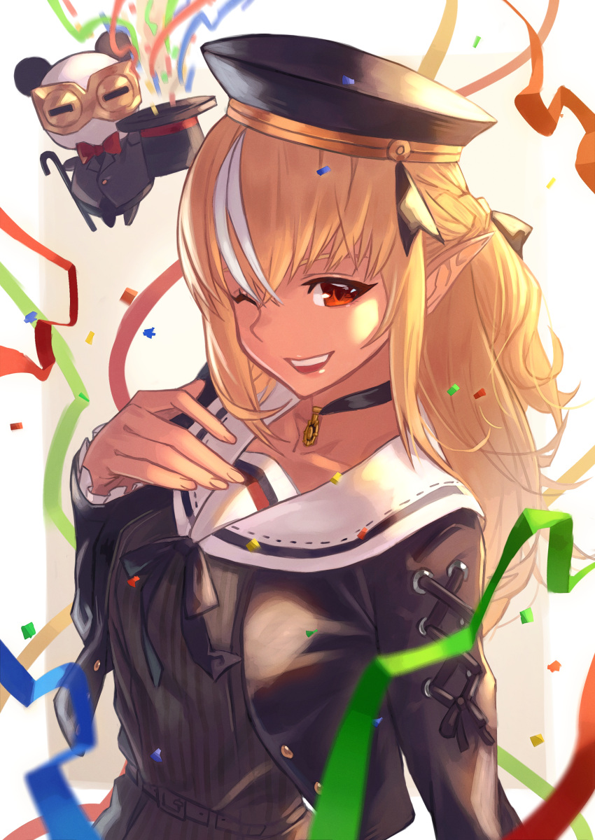 1girl ;d absurdres bangs black_choker black_dress black_headwear black_jacket black_ribbon blonde_hair blurry blurry_foreground blush braid breasts choker commentary confetti crossed_bangs dark-skinned_female dark_skin dress french_braid frilled_sleeves frills hair_between_eyes hand_on_own_chest hara_kenshi hat highres hololive huge_filesize jacket kintsuba_(shiranui_flare) lips long_hair looking_at_viewer magic_trick medium_breasts multicolored_hair one_eye_closed open_clothes open_jacket open_mouth pointy_ears red_eyes ribbon sailor_collar shiranui_flare simple_background smile streaked_hair striped teeth top_hat two-tone_hair upper_body vertical-striped_dress vertical_stripes virtual_youtuber white_background white_hair