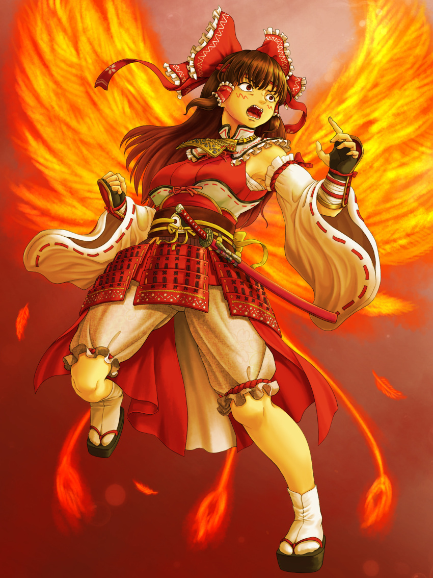 1girl armor bangs black_gloves bloomers blush bow breasts brown_hair brown_sash clenched_hand commentary_request cookie_(touhou) detached_sleeves fiery_wings fingerless_gloves fire frilled_bow frilled_hair_tubes frills full_body geta gloves hair_bow hair_tubes hakurei_reimu highres japanese_armor kanna_(cookie) katana kusazuri large_breasts long_hair looking_to_the_side obi parasite_oyatsu red_bow red_shirt red_skirt ribbon-trimmed_sleeves ribbon_trim sarashi sash scabbard sheath shirt skirt sleeveless sleeveless_shirt solo sword tabi touhou underwear vambraces weapon white_legwear white_sleeves wings yin_yang yin_yang_print