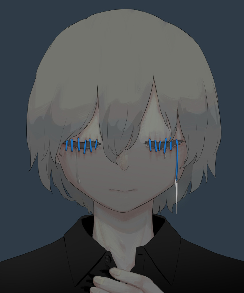 1boy absurdres avogado6 black_shirt blue_background closed_mouth collared_shirt facing_viewer grey_hair hair_between_eyes highres hollow_eyes male_focus needle original portrait shirt short_hair simple_background single_tear solo stitched_eye tears wing_collar