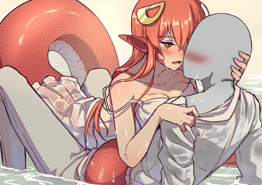 1boy 1girl blush breasts colored_skin commentary dress eyebrows_visible_through_hair fangs grey_skin hair_ornament highres lamia long_hair medium_breasts miia_(monster_musume) monster_girl monster_musume_no_iru_nichijou nifffi no_bra pants pointy_ears saliva saliva_trail scales shirt slit_pupils sundress wet wet_clothes wet_dress wet_hair wet_pants wet_shirt yellow_eyes