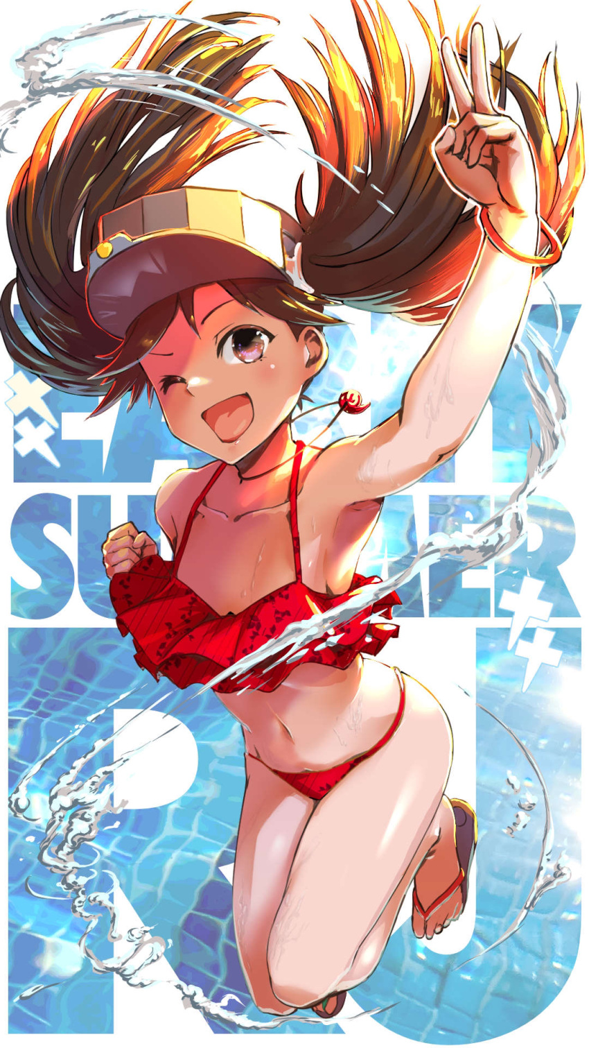 1girl asava_(hutaitenn) bikini brown_hair collarbone commentary_request frilled_bikini frills full_body highres jewelry kantai_collection looking_at_viewer magatama necklace one_eye_closed red_swimsuit ryuujou_(kancolle) sandals solo swimsuit twintails v visor_cap