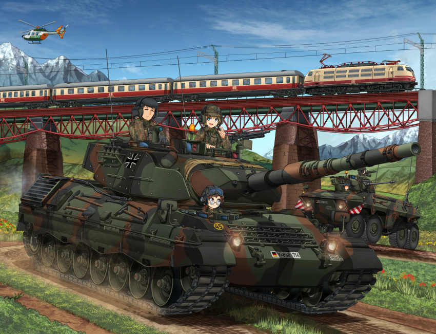 2girls 3boys aircraft armored_vehicle blonde_hair blue_eyes breasts bridge brown_eyes brown_hair bundeswehr caterpillar_tracks clouds commentary_request day flower glasses gloves grass ground_vehicle gun headphones helicopter highres leopard_1 machine_gun mikeran_(mikelan) military military_vehicle motor_vehicle mountain multiple_boys multiple_girls original short_hair sky smile smoke tank tank_helmet train weapon