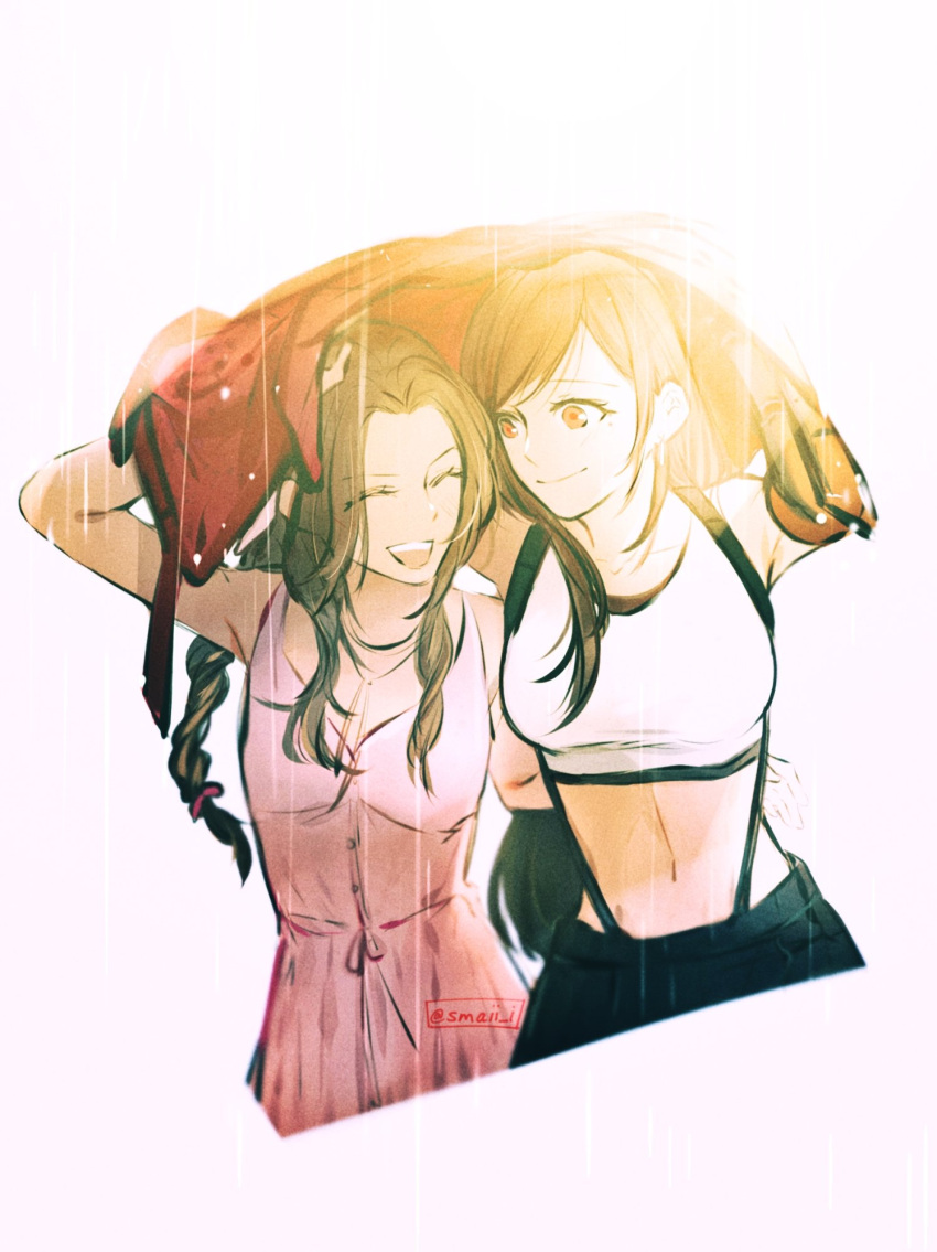 2girls :d ^_^ aerith_gainsborough armpit_crease arms_up artist_name bangs black_skirt braid breasts brown_hair closed_eyes collarbone crop_top dress elbow_pads final_fantasy final_fantasy_vii final_fantasy_vii_remake highres hover_hand jacket jacket_over_head jacket_removed long_hair maiii_(smaii_i) medium_breasts midriff multiple_girls navel open_mouth parted_bangs pink_dress rain sharing skirt smile suspender_skirt suspenders swept_bangs tank_top tifa_lockhart twitter_username upper_teeth white_tank_top