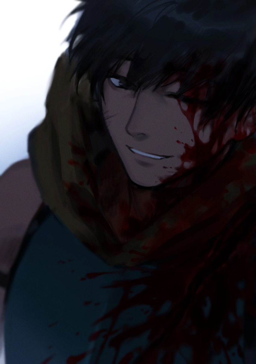 1boy absurdres arash_(fate) bare_shoulders black_eyes black_hair blood blood_on_face close-up dark-skinned_male dark_skin fate/prototype fate/prototype:_fragments_of_blue_and_silver fate_(series) grin highres injury male_focus mosako orange_scarf scarf shaded_face shadow smile solo wince