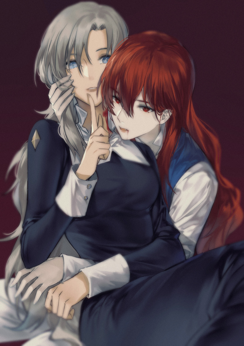 2girls absurdres bite_mark bleeding blood blood_from_mouth blue_eyes highres index_finger_raised long_hair multiple_girls nun original red_eyes redhead source_request vampire white_hair yorukun yuri