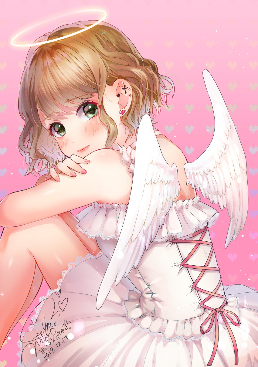 1girl absurdres angel_wings blonde_hair blush closed_mouth corset crossed_arms dated dress ear_piercing earrings feathered_wings from_side geshumaro green_eyes halo heart heart_background heart_earrings highres jewelry looking_at_viewer looking_to_the_side medium_hair original piercing pink_background signature sitting solo white_dress white_wings wings