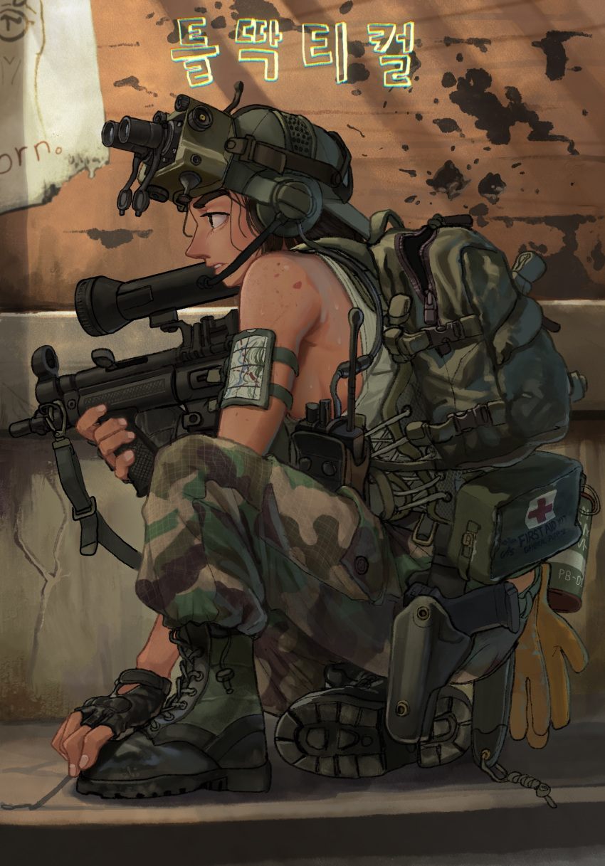 1girl backpack backwards_hat bag baseball_cap birthmark black_gloves black_hair boots breasts camouflage camouflage_pants check_translation combat_boots fingerless_gloves fingernails first_aid_kit flashlight full_body gloves green_headwear green_pants gun h&amp;k_mp5 handgun hat head_mounted_display headset highres holding holding_gun holding_weapon holstered_weapon load_bearing_vest long_nose map medium_breasts military military_operator nose original pants pistol republic_of_korea_army rifleman_(bjh8508) short_hair sideboob sleeveless soldier solo submachine_gun sweat tan tank_top thick_eyebrows translation_request walkie-talkie weapon