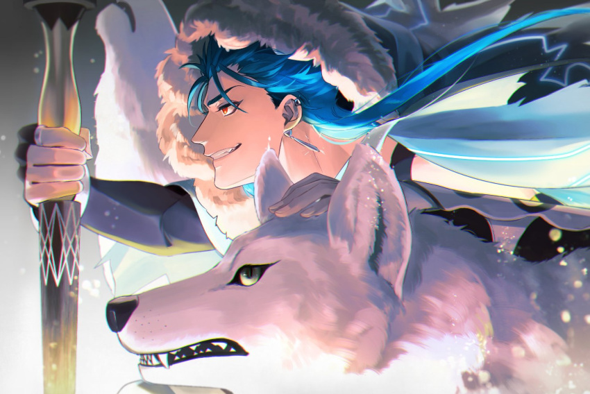 1boy 2others animal blue_hair capelet cu_chulainn_(caster)_(fate) cu_chulainn_(fate)_(all) dog earrings fate/grand_order fate_(series) floating_hair from_side fur-trimmed_hood fur_trim grin holding holding_staff hood hood_up hooded_capelet howling jewelry long_hair male_focus multiple_earrings multiple_others petting red_eyes redrabbit44 smile staff white_wolf wolf