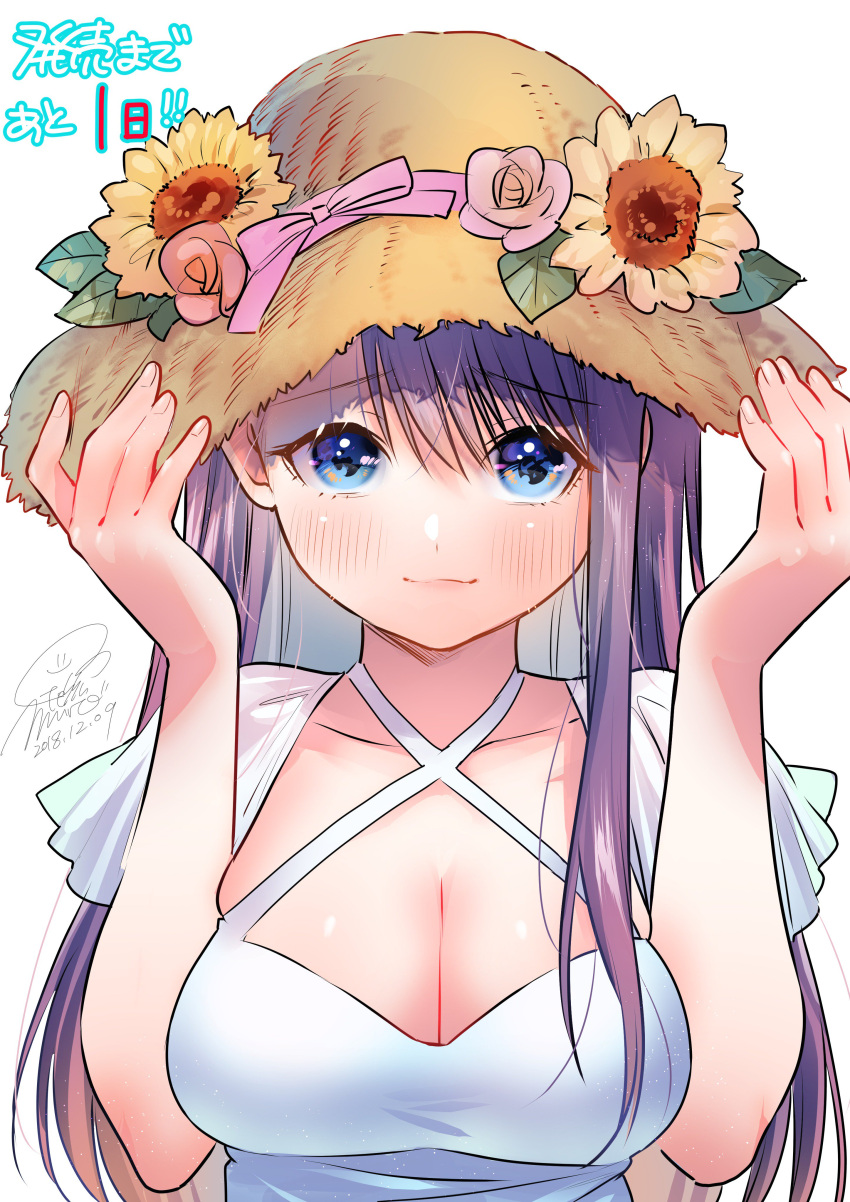 1girl absurdres blue_eyes blush breasts dated dress embarrassed eyebrows_visible_through_hair flower geshumaro hands_on_headwear hands_up hat hat_flower highres large_breasts long_hair looking_at_viewer pink_ribbon purple_hair ribbon short_sleeves signature simple_background smile solo straw_hat sunflower tsubaki-sama_wa_sakihokore_nai white_background white_dress