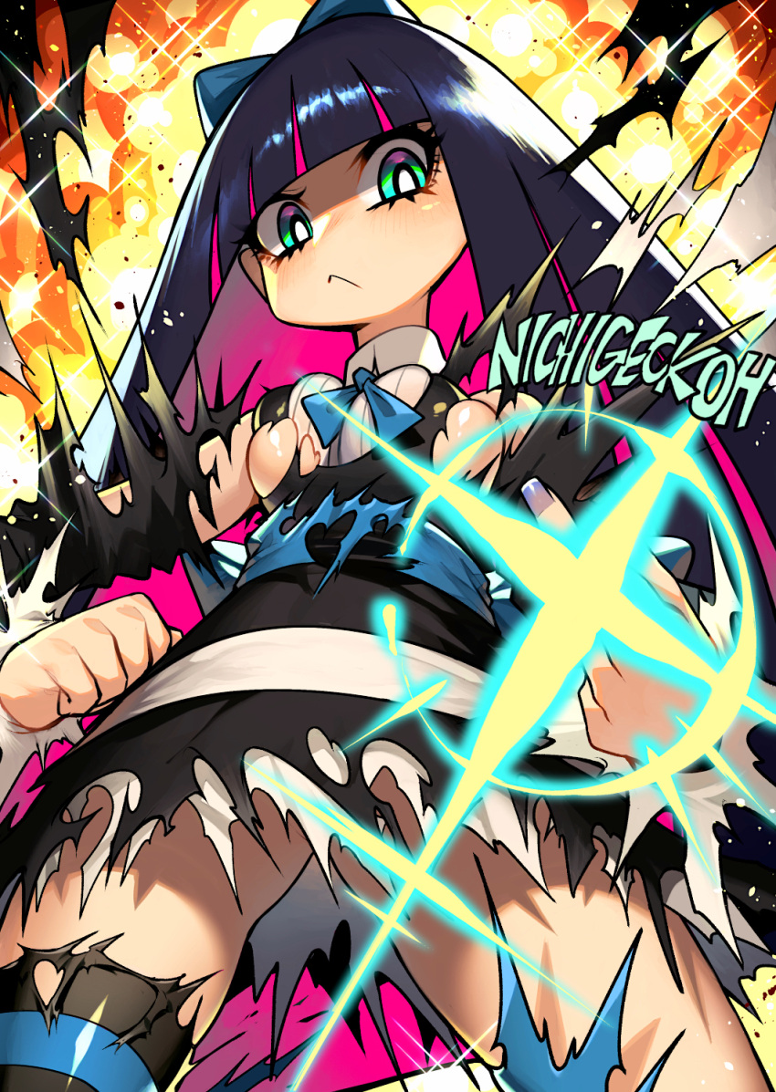 1girl :&lt; bangs black_dress black_hair black_legwear blue_ribbon blunt_bangs bow breasts dress explosion from_below gothic_lolita green_bow green_legwear hair_bow highres lolita_fashion long_hair long_sleeves medium_breasts multicolored_hair neck_ribbon nichigeckoh panty_&amp;_stocking_with_garterbelt pink_hair ribbon serious shiny shiny_hair solo sparkle stocking_(psg) thigh-highs torn_clothes torn_dress