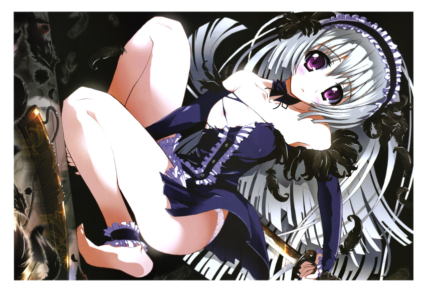 1girl 2000s_(style) absurdres ankle_garter barefoot bloom breasts feathers frills girl's_avenue hair_ornament headdress highres huge_filesize katana long_hair magazine_scan megami_magazine nipples official_art one_knee original panties reflection scan sheath silver_hair skirt small_breasts solo sword takahashi_tetsuya torn_clothes underwear violet_eyes weapon wind wind_lift