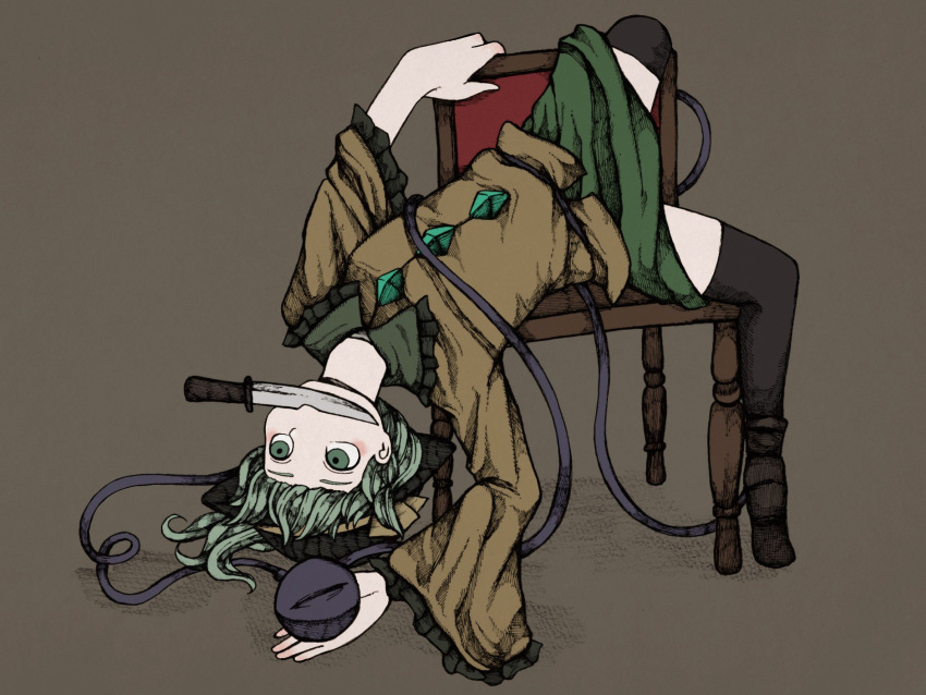 1girl awk_chan black_legwear blouse bow chair collared_shirt eyeball frilled_shirt_collar frilled_sleeves frills gensoukyou green_eyes green_hair green_skirt hat hat_bow hat_ribbon heart heart_of_string highres holding holding_weapon kitchen_knife knife knife_in_mouth komeiji_koishi long_sleeves ribbon shirt skirt solo thigh-highs third_eye touhou wavy_hair weapon wide_sleeves yellow_blouse yellow_bow yellow_ribbon yellow_shirt