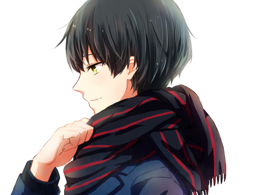 1boy artist_request bad_id bad_pixiv_id black_hair closed_mouth kyoukai_no_kanata looking_away male_focus nase_hiroomi profile red_scarf scarf short_hair smile solo yellow_eyes