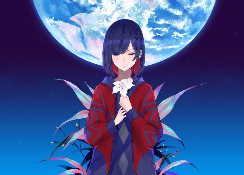 1girl blue_hair braid closed_eyes colored_inner_hair commentary_request earth_(planet) flower highres holding holding_flower hood hooded_jacket jacket kamitsubaki_studio lily_(flower) multicolored_hair official_art palow planet redhead rime short_hair side_braid smile solo space star_(sky) two-tone_hair upper_body virtual_youtuber