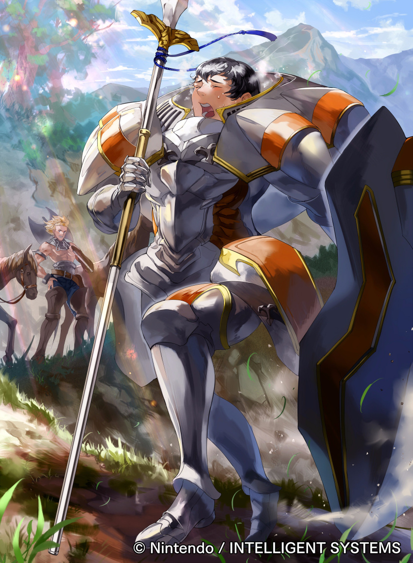 2boys absurdres armor axe black_hair blonde_hair closed_eyes fire_emblem fire_emblem_awakening fire_emblem_cipher highres holding holding_lance holding_polearm holding_shield holding_weapon horse kellam_(fire_emblem) lance mayo_(becky2006) mountain multiple_boys open_mouth outdoors polearm shield vaike_(fire_emblem) weapon