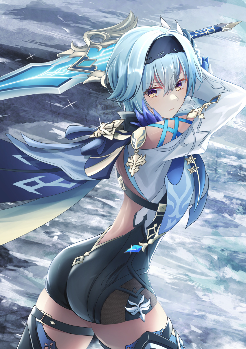 1girl absurdres ass backless_outfit blue_hair bodysuit boots breasts curvy eula_lawrence eyebrows_visible_through_hair fighting_stance genshin_impact headband highres medium_breasts mon-chan short_hair solo sword thigh-highs thigh_boots thigh_strap weapon yellow_eyes