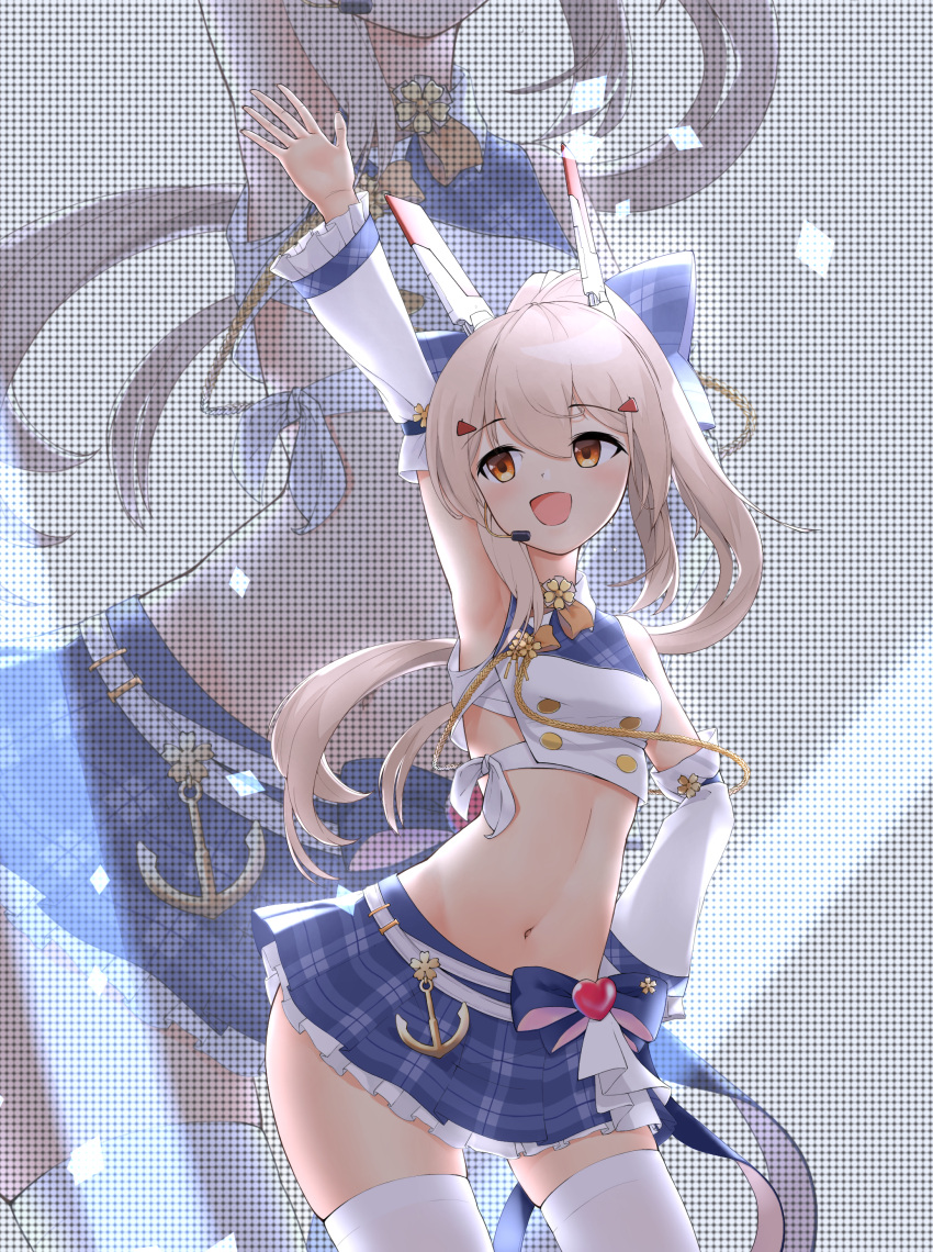 absurdres anchor_ornament arm_up armpits artist_request ayanami_(azur_lane) ayanami_(troubled_star_idol)_(azur_lane) azur_lane blonde_hair detached_sleeves hand_on_hip headgear heart highres idol long_hair miniskirt navel ponytail skirt smile thigh-highs white_legwear yellow_eyes zettai_ryouiki