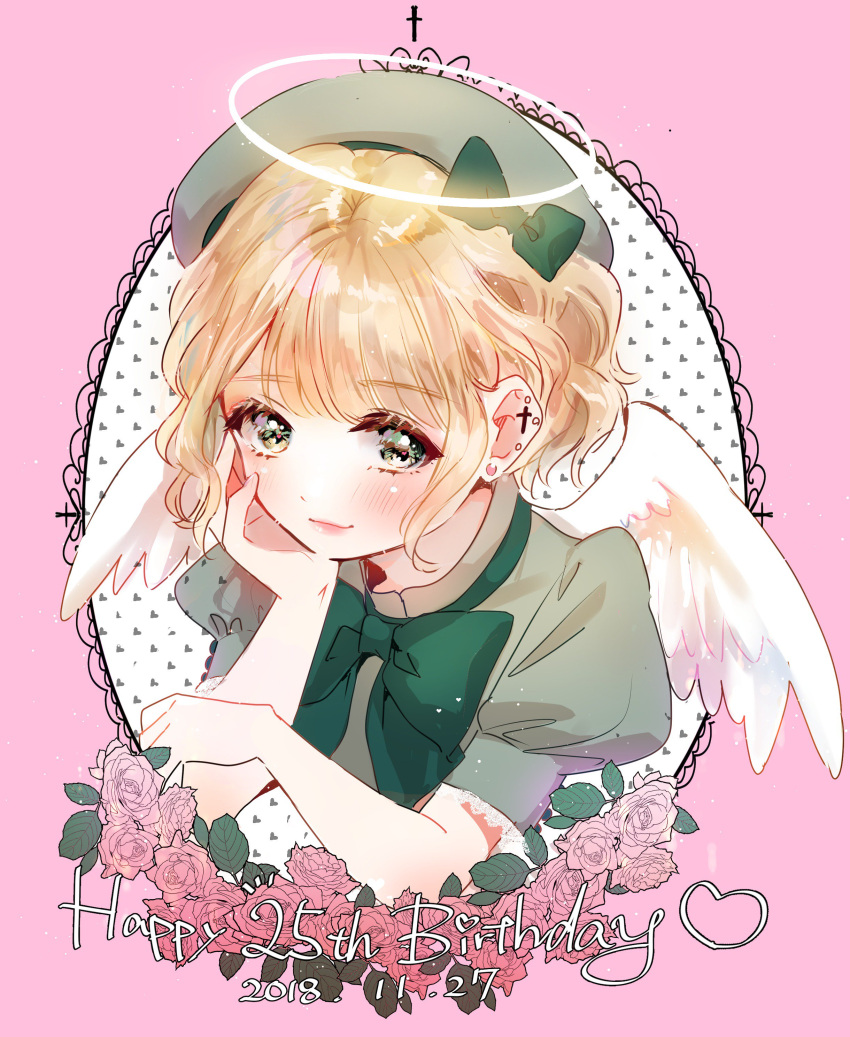 1girl absurdres angel_wings blonde_hair blush bow bowtie closed_mouth copyright_request dated ear_piercing earrings eyebrows_visible_through_hair geshumaro green_bow green_eyes green_headwear green_neckwear green_shirt hair_bow happy_birthday hat heart highres jewelry looking_at_viewer piercing puffy_short_sleeves puffy_sleeves shirt short_hair short_sleeves smile solo stud_earrings white_wings wings