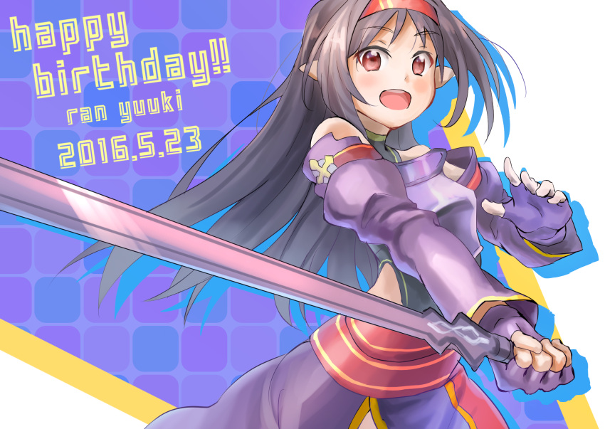 1girl armor bangs breastplate dated detached_sleeves eyebrows_visible_through_hair fingerless_gloves gloves hairband happy_birthday highres holding holding_sword holding_weapon kusekke long_hair looking_at_viewer open_mouth parted_bangs pointy_ears purple_hair red_eyes red_hairband solo sword sword_art_online weapon yuuki_(sao)