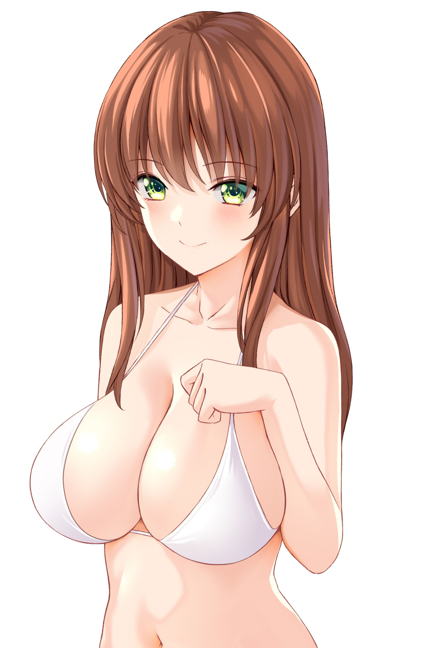 1girl bikini blush breasts brown_hair closed_mouth collarbone commentary_request eyebrows_visible_through_hair green_eyes highres large_breasts long_hair marui_koishi navel original simple_background smile solo swimsuit upper_body white_background white_bikini